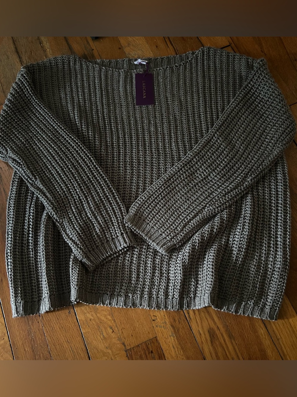LASCANA NWT Chunky Knit Boat Neck Sweater Gray Green Olive US 12/14 Cozy